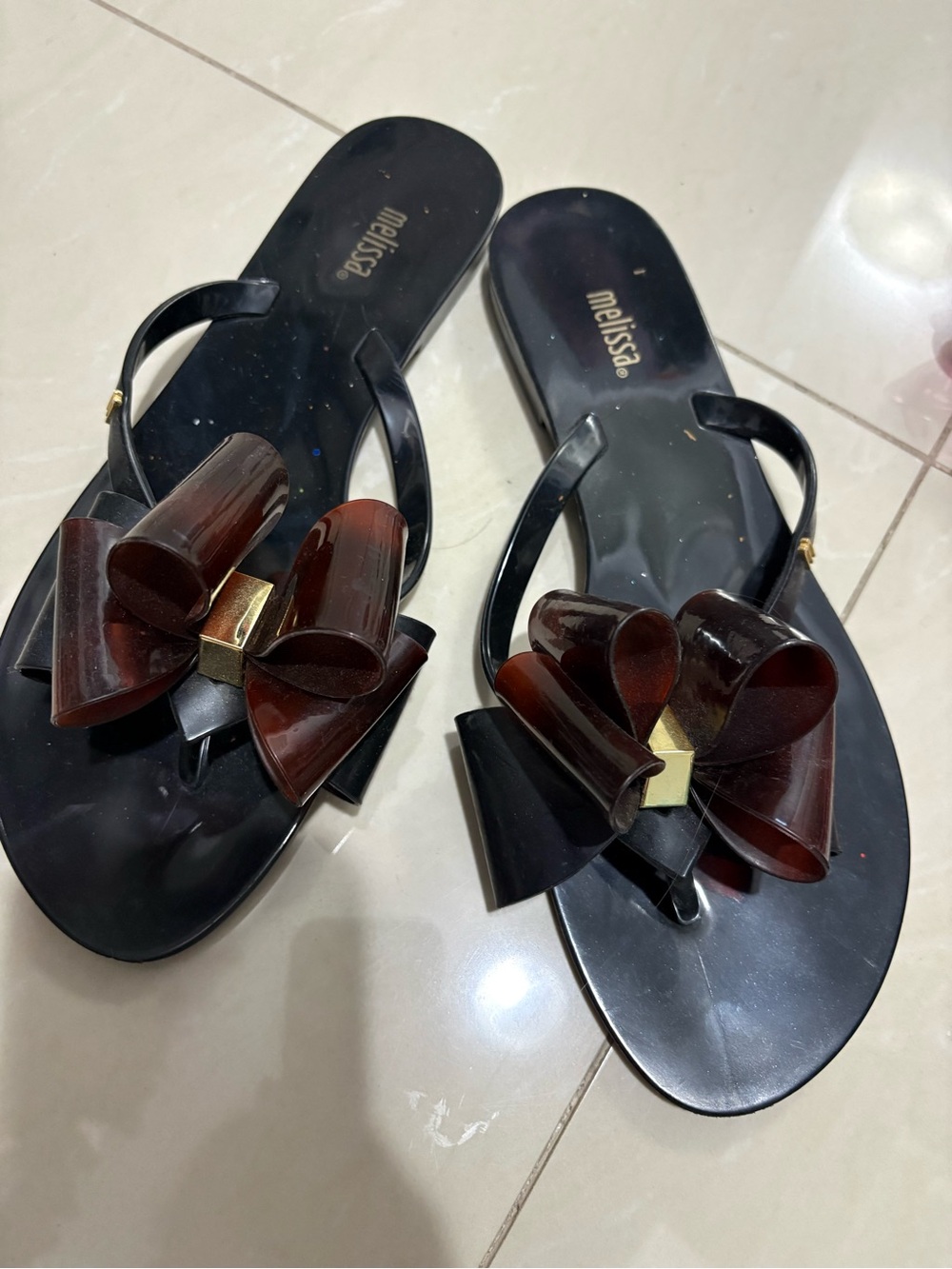 Melissa Black Jelly Sandals with Brown Bow Accents